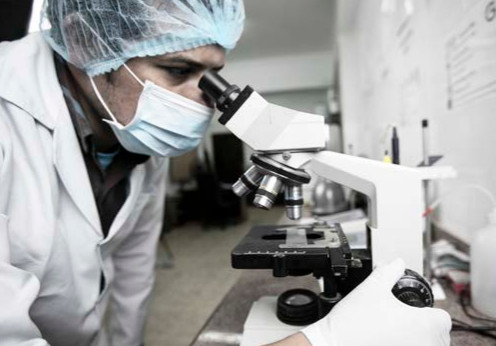 Quality control technician examining a sample under a microscope